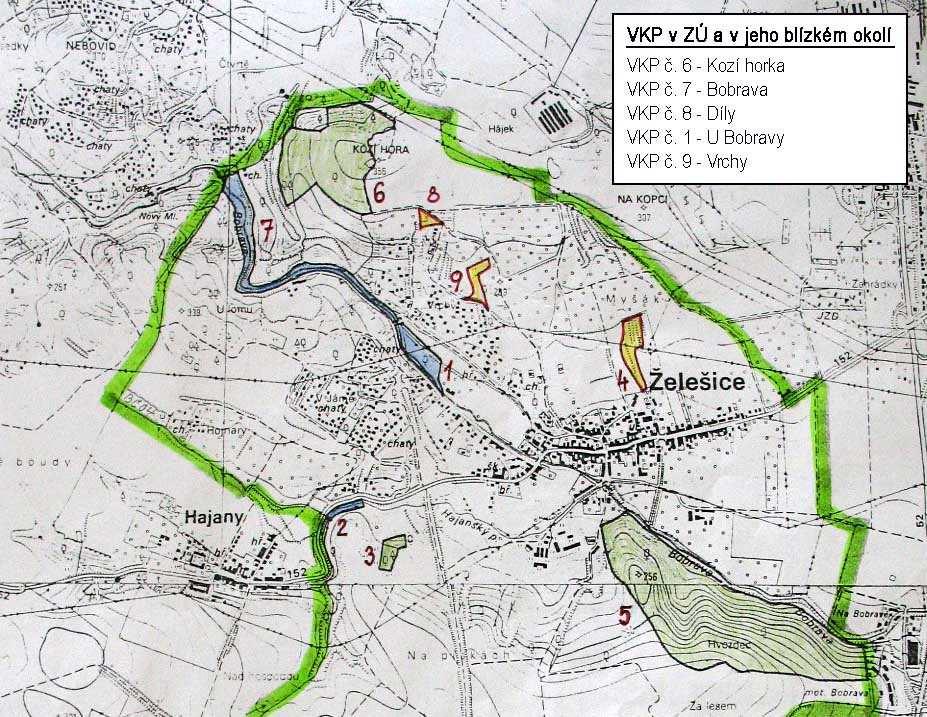 Obrázek č. 8: Výřez z mapy VKP na k.ú. Želešice Pozn. výřez z přehledné mapy VKP v k.ú. Želešice 1:25 000 referátu životního prostředí OÚ Brno venkov. Mapy jako příloha k č.j. ŽP 1119/98 Hk ze dne 4.