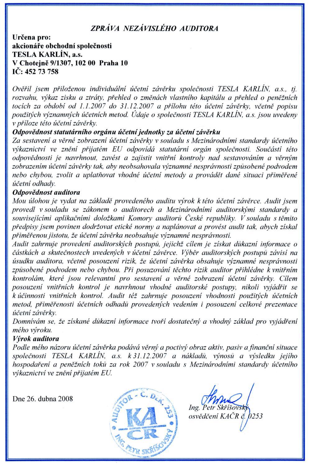 ZPRÁVA NEZÁVISLÉHO AUDITORA O
