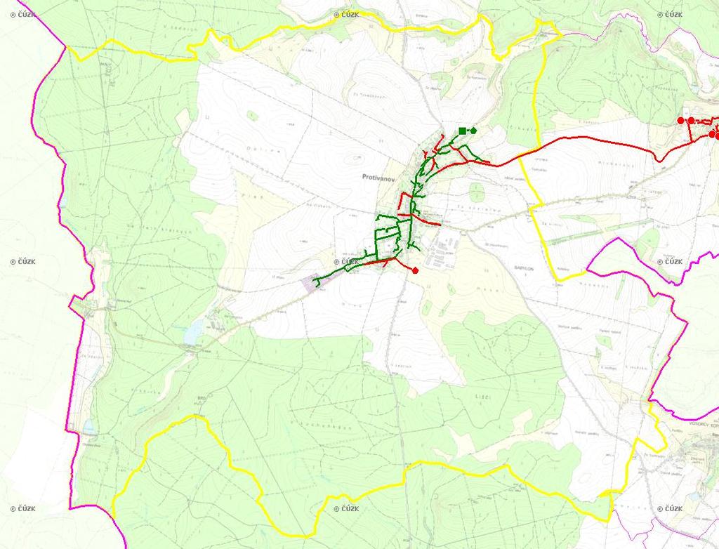 E. KANALIZACE A ČOV Mapa E1: Kanalizace - rozvody v obci Trasování sítí, lokalizace ČOV, čerpací stanice (ČS), výústě Obec: Protivanov Legenda: Kanalizace: Ochranné pásmo: Vyústění: do 2015 po 2015 I