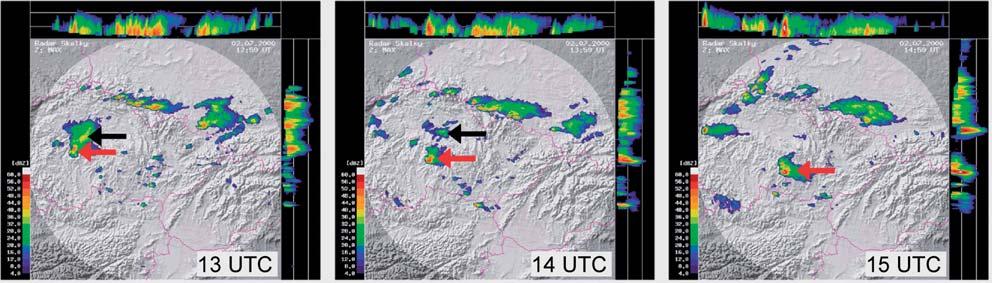 Obr. 5 Rozložení maximální radarové odrazivosti detekované radarem Skalky 2. 7. 2000 ve 13, 14 a 15 UTC. Černé šipky označují rozpadající se a červené šipky regenerující konvekční buňku. Fig. 5. Distribution of maximum radar reflectivity as detected by the radar Skalky on 2 July 2000 at 13, 14 and 15 UTC.