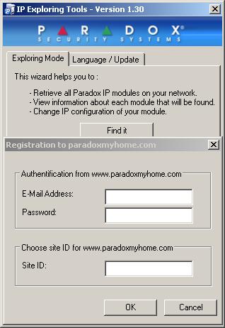 Obrázek 11: Registrace modulu 4. Zadejte uživatelské jméno a heslo pro Paradox.com. Nastavte SiteID pro modul. Toto SiteID musí být jedinečné pro modul. 5.