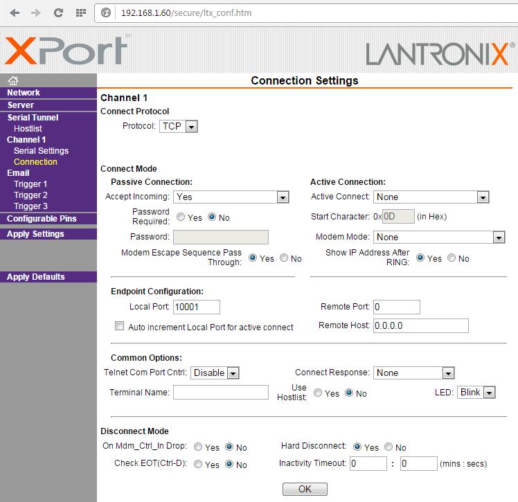 Na kartě Connection Settings nastavíme parametry TCP serveru, na kterém zařízení akceptuje připojení centrální aplikace. Hodnotu 'Local Port' zvolíme tak, aby nebyla v konfliktu s nastavením sítě.