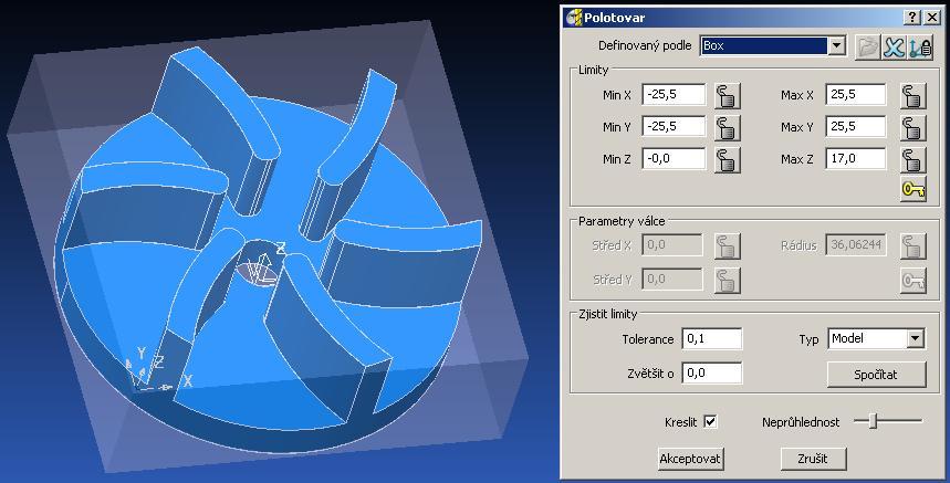 1) Pro vytvoření funkčního programu bylo nejdříve třeba vytvořit model obráběné součásti. Bylo využito softwaru SolidWorks 2007. Na obrázku 5.