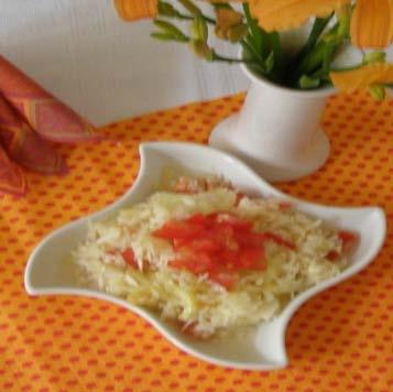 Šalát z hlávkovej kapusty miešaný Kapusta hlávková 650g, rajčiaky 120g, paprika 120g, cibuľa 80g, olej olivový 40g, cukor kryštálový 50g, soľ, ocot, voda.