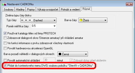 V tomto dialogu je možno vybrat asociování souborů typu DWG (formát výkresu AutoCADu) s CADKONem TZB při dvojkliknutí myši (nebo označení a stisknutí Enter) např.