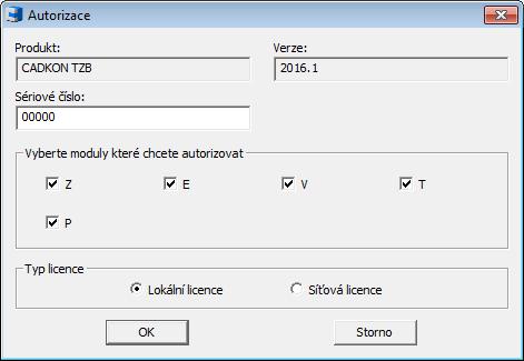 V případě autorizace samotného CADKONu TZB, zatrhněte moduly Z, T, V, E a P (Z- Zdravotechnika, T-Vytápění a potrubí, V-Vzduchotechnika,