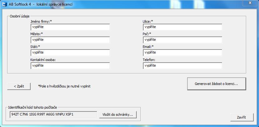 6. V zobrazeném dialogovém okně vyplňte Vaše osobní údaje a klepněte na tlačítko Generovat žádost o licenci. Upozornění: Položky označené * jsou povinné. 7.