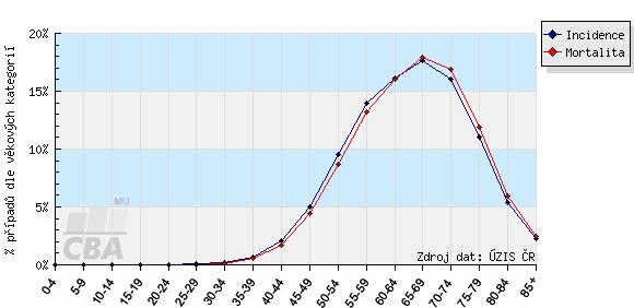 jiných států, jako např. USA, kde se (patrně v souvislosti s omezováním spotřeby cigaret) růst jeho incidence zpomalil [7]. Vyskytuje se především ve věku mezi 50 80 lety (obr. č.
