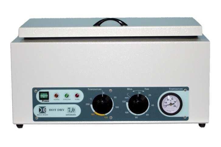 cyklus: 0-120min steril. teplota: 150-180ºC výkon: 250W napájení: 230/240V pojistka: 6,3x32-2A vnější rozměry: 310x190x190mm hmotnost: 4,9kg rozměry ster.