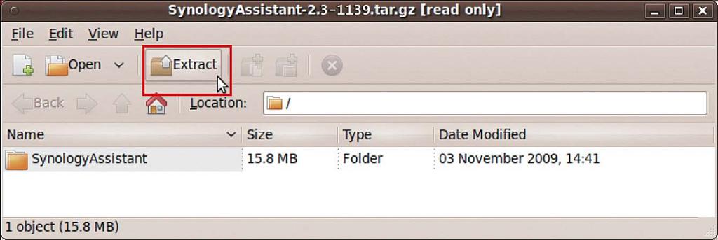 4 Klepněte na možnost Rozbalit a rozbalte adresář SynologyAssistant do adresáře /usr/local nebo na jiné místo. 3.