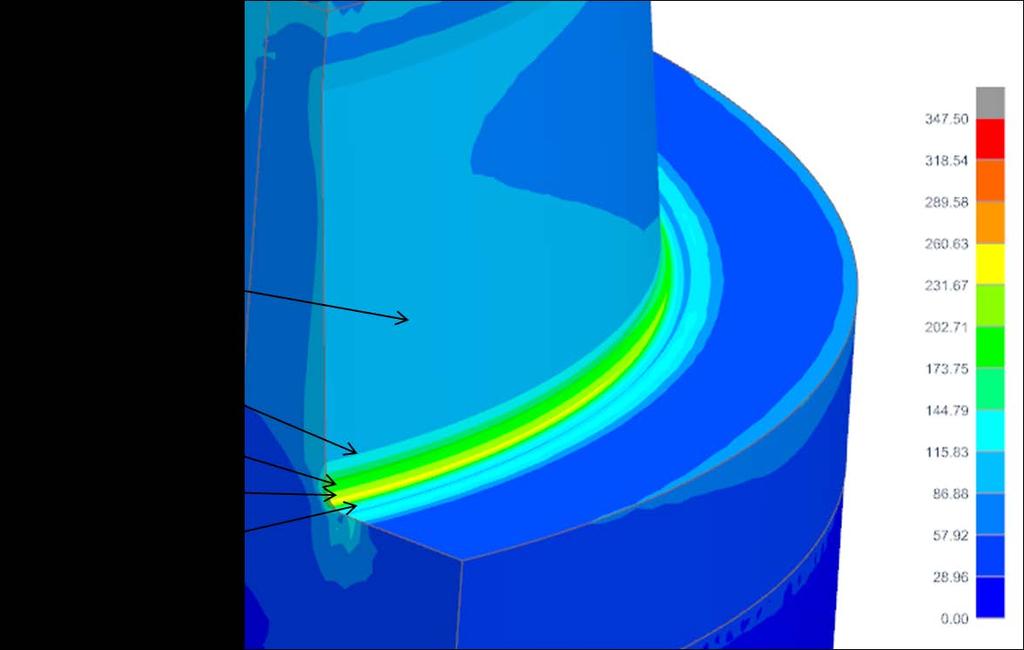 Obr. 37 Detail kritické oblasti-třetí varianta Z výsledků na (Obr. 37) je vidět pokles napětí v kritické oblasti. Hodnota v kritické oblasti klesla na 242 MPa.