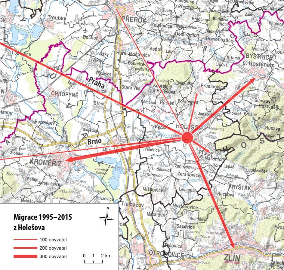 Na následující mapě jsou zobrazeny migrační směry z SO ORP Holešov. Obrázek 2.