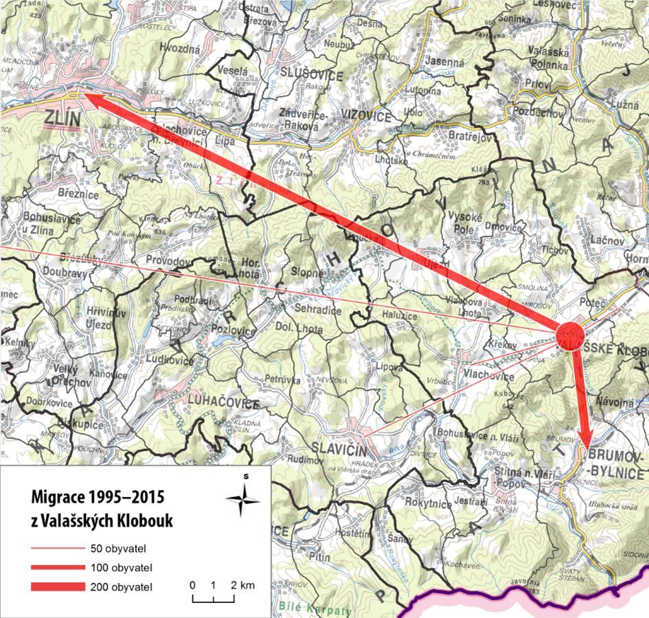 Na následující mapě jsou zobrazeny migrační směry z SO ORP Valašské Klobouky. Obrázek 2.