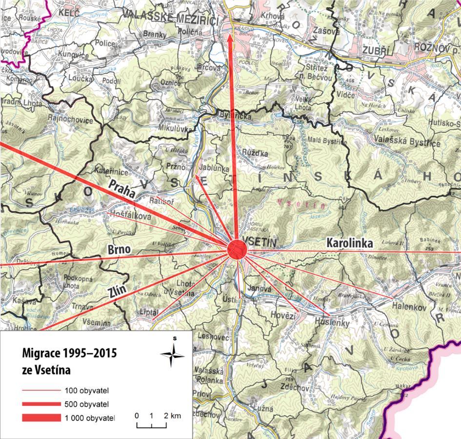 Na následující mapě jsou zobrazeny migrační směry z SO ORP Vsetín. Obrázek 2.