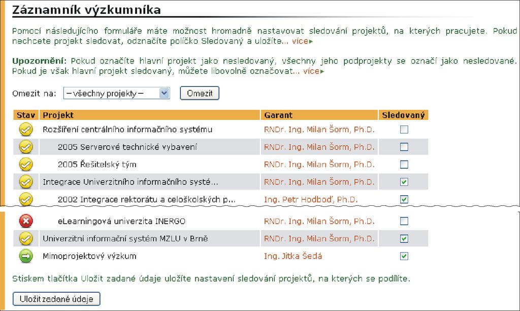 18 ZÁZNAMNÍK VÝZKUMNÍKA tegrátora. Seznam integrátorů je uveden v Osobní administrativě UIS v části Dokumentace UIS v aplikaci Systémoví integrátoři. Obrázek 102 Nastavení sledovanosti projektů 18.