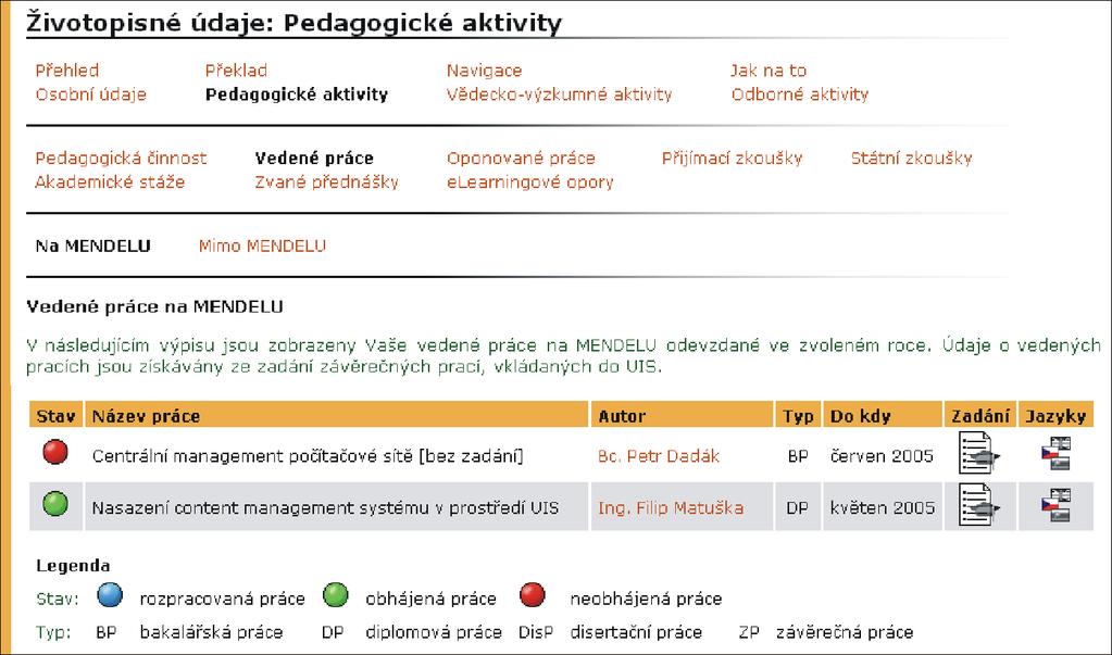 19 ŽIVOTOPISNÉ ÚDAJE Obrázek 145 Práce vedené na MENDELU vzdání práce musí být v plném tvaru, tedy den, měsíc a rok. Podle data odevzdání práce se celý seznam řadí a přes menu nad seznamem filtruje.