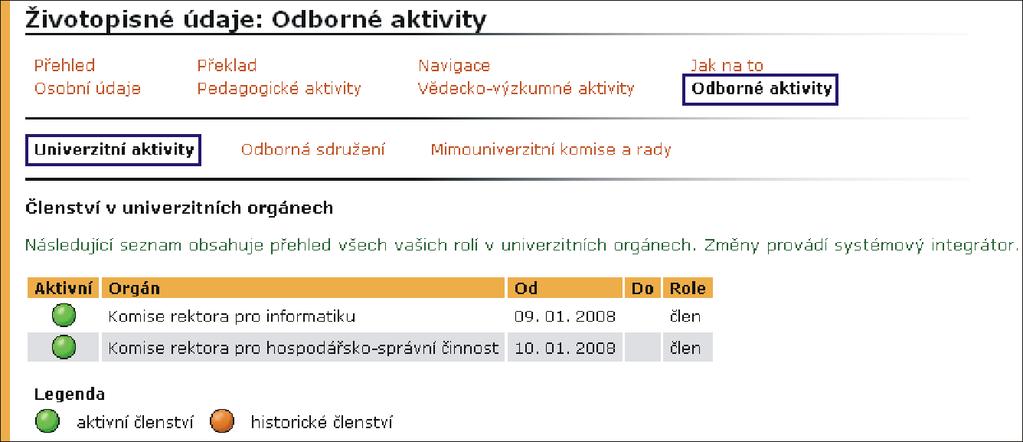 19 ŽIVOTOPISNÉ ÚDAJE Obrázek 162 Ocenění vědeckou komunitou Obrázek 163 Univerzitní aktivity maticky z aplikace, kterou má na starosti systémový integrátor fakulty.