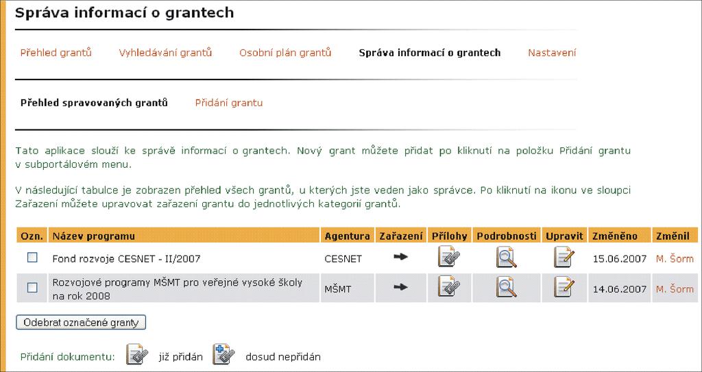 9.4 Správa informací o grantech 9 GRANTOVÉ PŘÍLEŽITOSTI Záložka Správa informací o grantech obsahuje přehled grantů, kde je uživatel veden jako správce. Umožňuje vložení nového grantu.