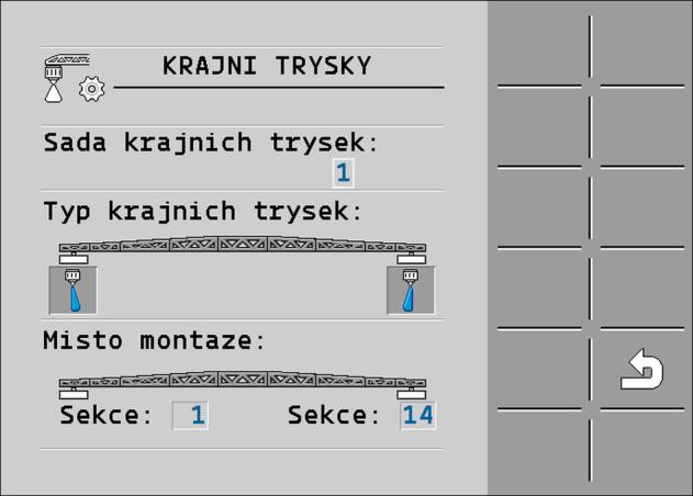 7 Nakonfigurování jobrechneru Krajní trysky Zobrazí se tato obrazovka: 2. Na řádku Sada krajnich trysek nastavte, pro jakou sadu krajních trysek chcete nastavení provést.