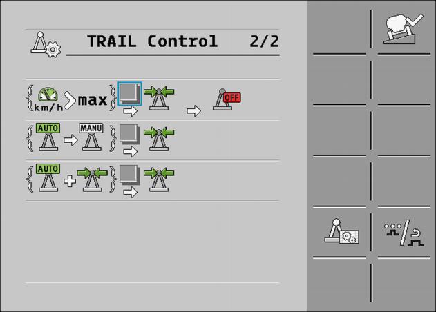TRAIL-Control Konfigurace systému Trail Control 8 Zobrazí se tato obrazovka: Na každém řádku je popsán jeden automatismus. Vlevo vidíte podmínky, za kterých se daný mechanismus provede.