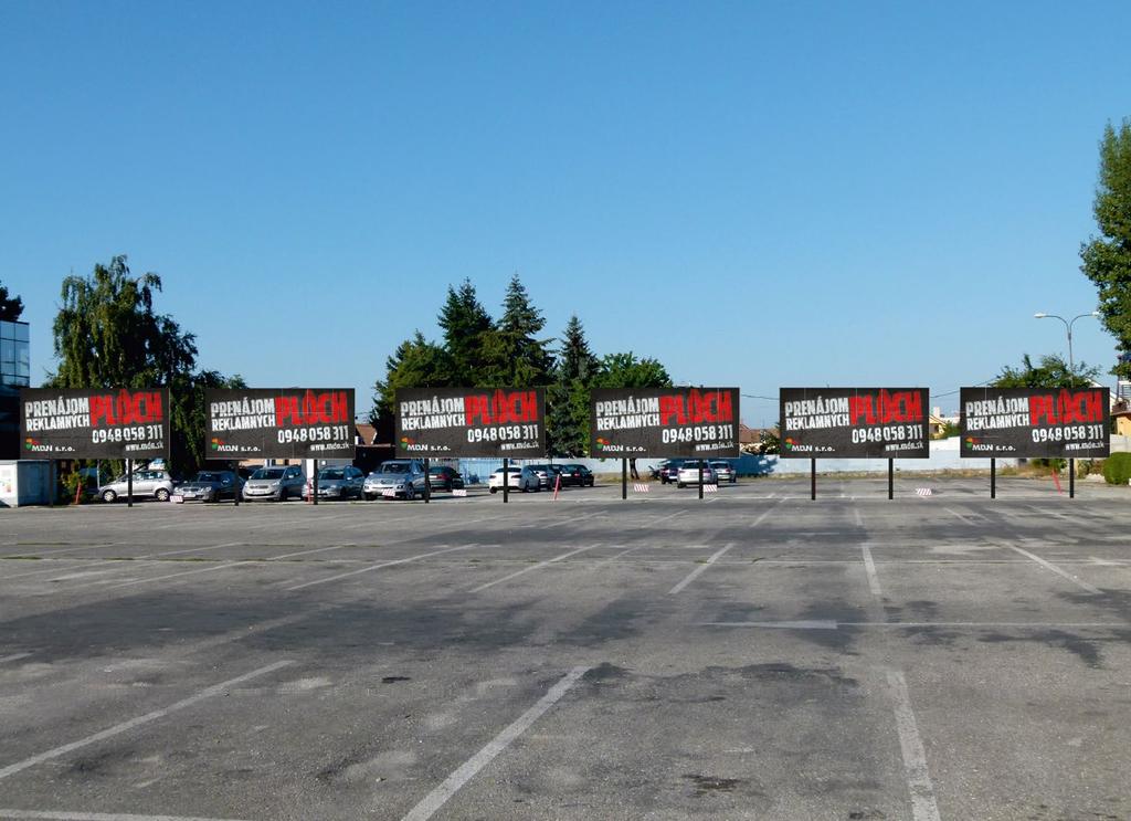 Plochy 14A, 14B, 14C, 14D, 14E, 14F Reklamné billboardy na hlavnom parkovisku Rozmer 1 plochy: 510 x 240 cm Doba prenájmu: 1 mesiac Cena: 120,- SC01 14a SC02 14B SC03 14C SC04 14D SC05 14E SC06 14F