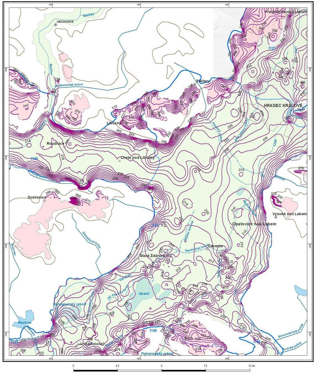 Obrázek 4-5 Izoliniová mapa báze kvarterního kolektoru v oblasti