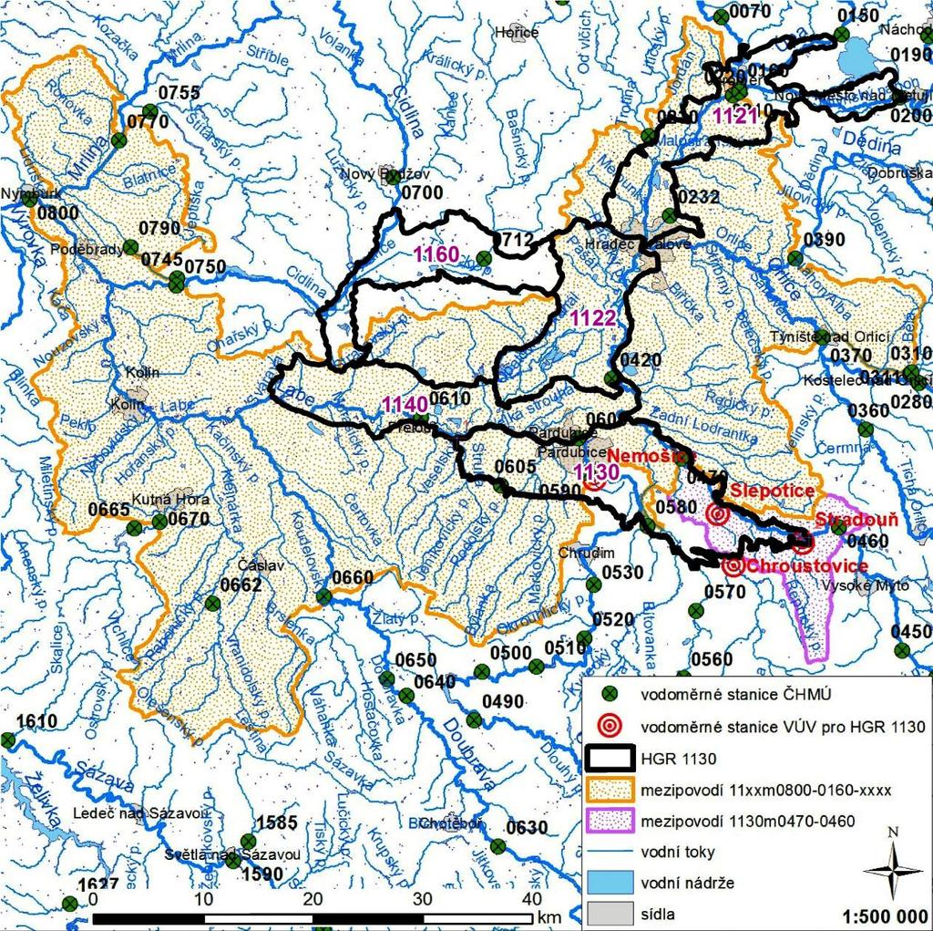Obrázek 6-1 Lokalizace zájmové oblasti s polohou relevantních vodoměrných stanic VÚV a ČHMÚ.