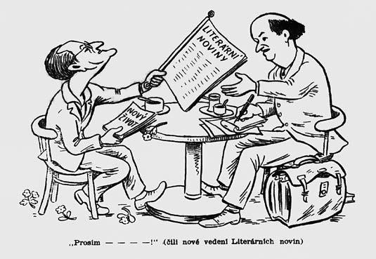 LITERÁRNÍ ŽIVOT Karikatura z obálky časopisu Host do domu k výměně šéfredaktorů mezi Novým životem a Literárními novinami, 1954 Stále zřetelnější nespokojenost s kritickou publicistikou Května vedla