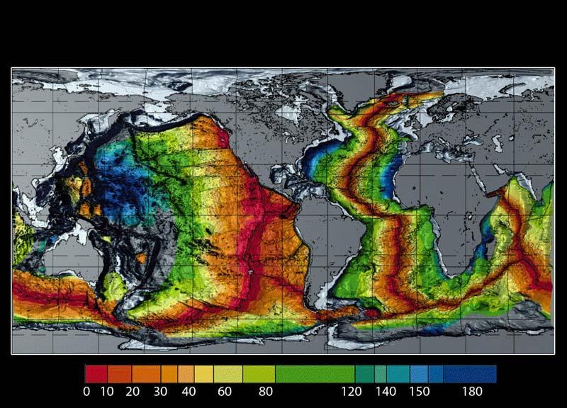 Tempo přibývání oceánské kůry Mapa světa znázorňující stáří oceánské kůry v Ma.