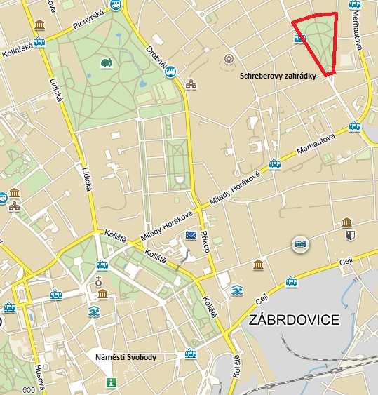 2.3 Lokalizace Park trojúhelníkového půdorysu o rozloze 2,4 ha se nachází v brněnské městské části Černá Pole, mezi ulicemi Lesnická, Jugoslávská a Volejníkova asi 2 km severovýchodním směrem od