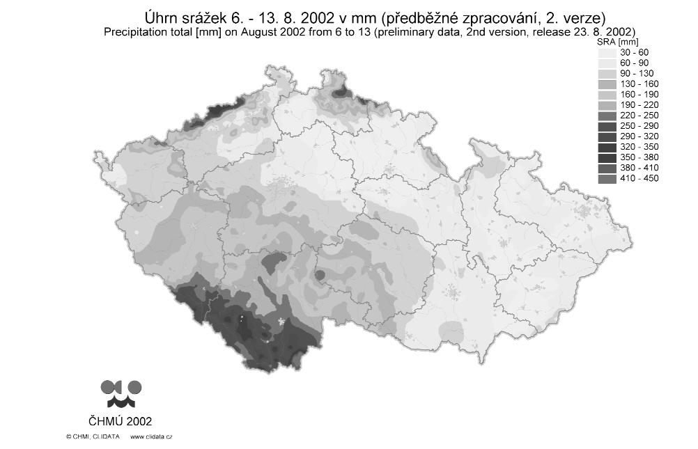 Zpravodaj MŽP 10/2002 5 Mapa srážkových úhrnů za celé období 6 13. 8.