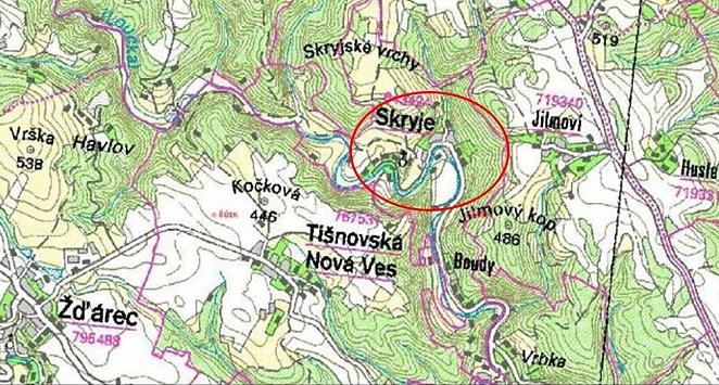 Obr. 3 Katastrální mapa obce Skryje a okolí M 1:22 000, převzato z (http://www. geoportal.cuzk.cz). Tab. 2 Základní informace o nádrži Skryje. Základní údaje o nádrži: Stálé nadržení: 1,500 [mil.