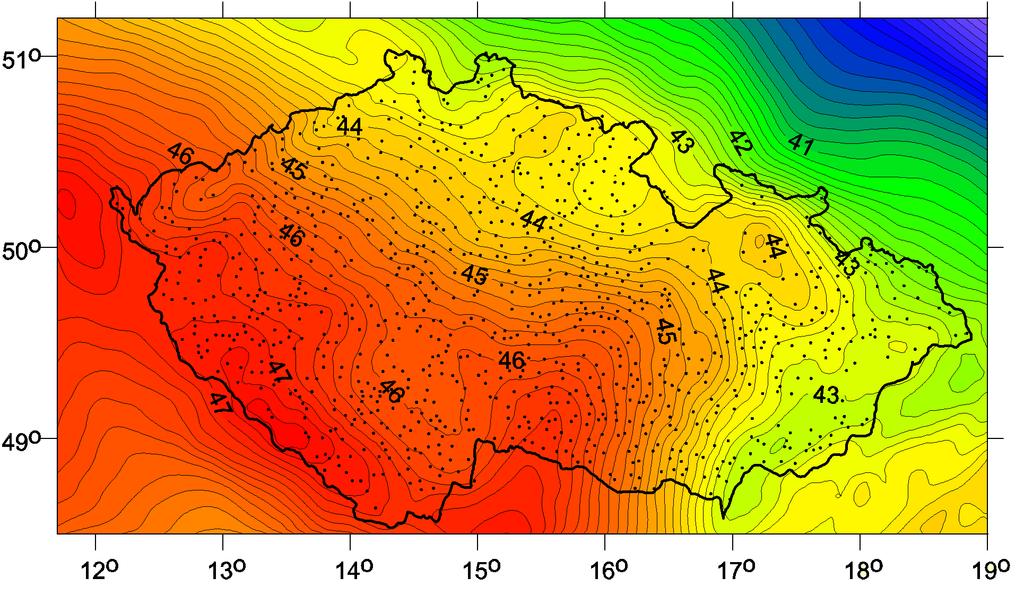 2. KVAZIGEOID 51 zeměpisná šířka 50 49 12 13 14 15 16 17 18 19 zeměpisná délka Zdroj: [6, str. 23