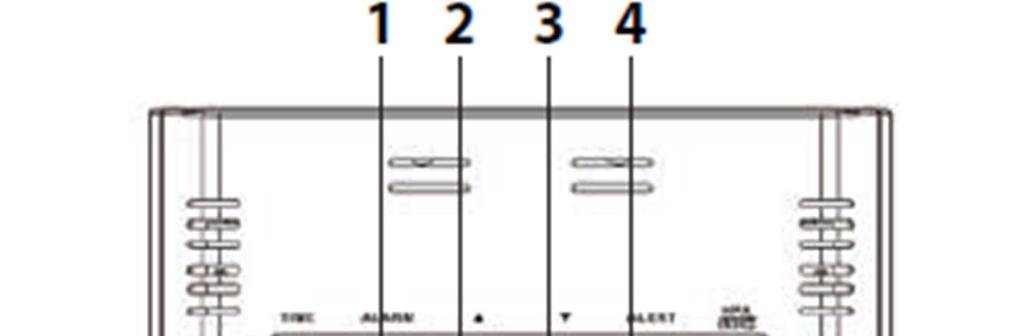 Zadní panel 1. Nastavení času buzení 2. Změna nastavení hodnot (zvyšování) Změna jednotek teploty 3. Změna nastavení hodnot (snižování) Spuštění a zastavení manuálního vyhledávání signálu 4.