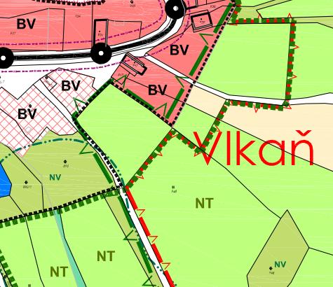 Poznámka: bez potřeby nových záborů půdního fondu. Z1/R4 Vymezení zastavitelné plochy (BV) v m. č. Vlkaň na části pozemků p. č. 864 a 948 v k.