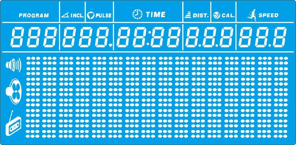 Funkce LCD displeje 1. Speed - rychlost Okénko zobrazuje aktuání rychlost v rozmezí 1-20.0 km/h 2. Dist./cal.-vzdálenost/kalorie 2.1. Okénko zobrazuje uběhnutou vzdálenost.