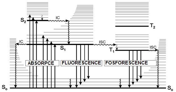 Obrázek 1: Perrinův-Jablonského diagram ilustrující procesy probíhající ve fyzikálních systémech při fluorescenci a fosforescenci.