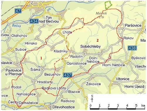 Obr. 1 Vymezení jednotlivých povodí (Šišemka 1, Dolnonětčický potok 2) (zdroj: mapový podklad http://www.mapy.