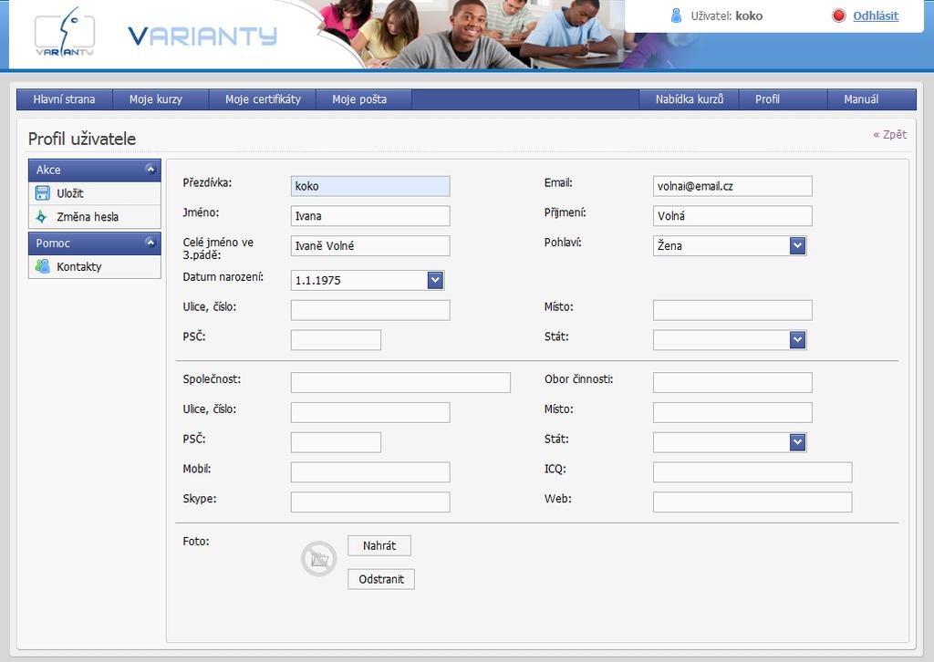 8. Profil V osobním profilu lze doplňovat a upravovat data o uživateli.
