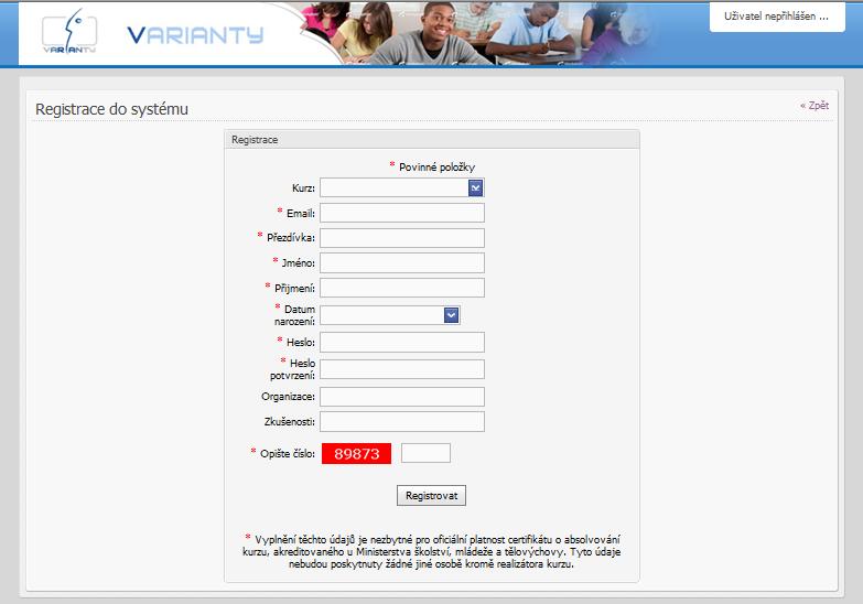1.1 Registrace Kliknutím na tlačítko Registrace se otevře obrazovka určená pro zaregistrování nového uživatele do systému.