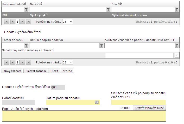Detaily k VŘ (II.) Pokud jste na záložce Výběrová řízení zatrhli checkbox Byl podepsán dodatek s dodavatelem?
