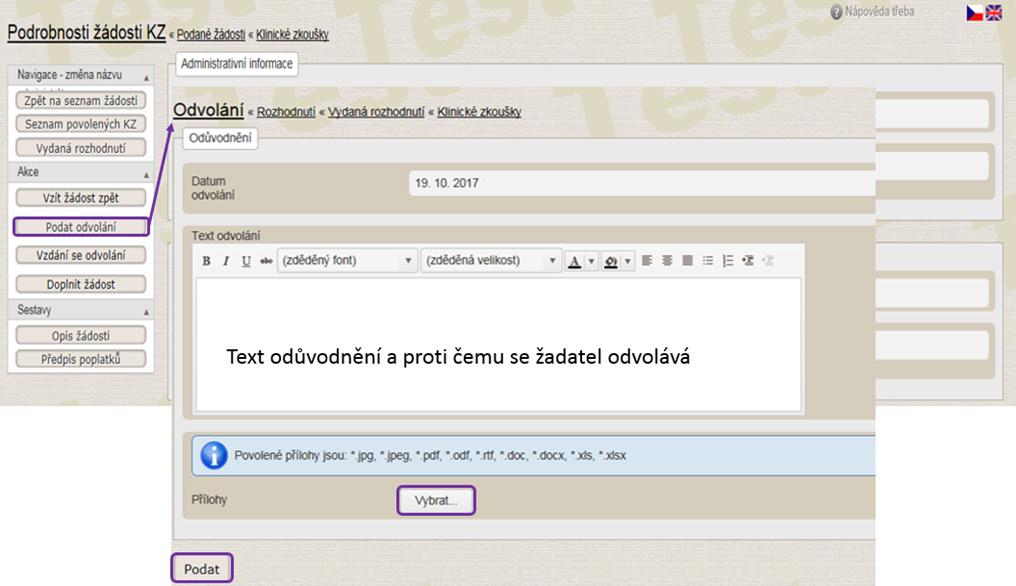 Odvolání se podá kliknutím na tlačítko Podat. 2.4.3.