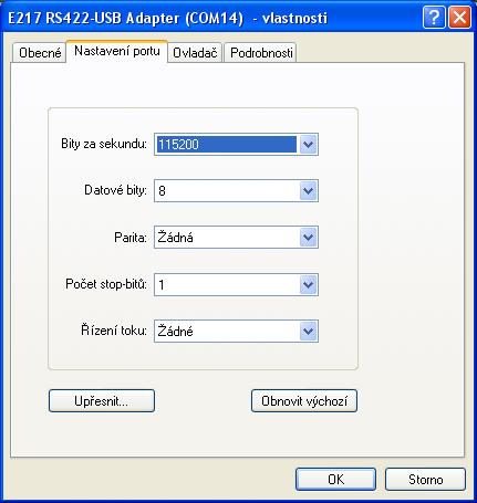 3.3.3 Nastavení vlastností virtuálního portu ELOE217ZK005 Virtuální port RS422-USB se po instalaci objeví jako další COM port ve Správci zařízení.