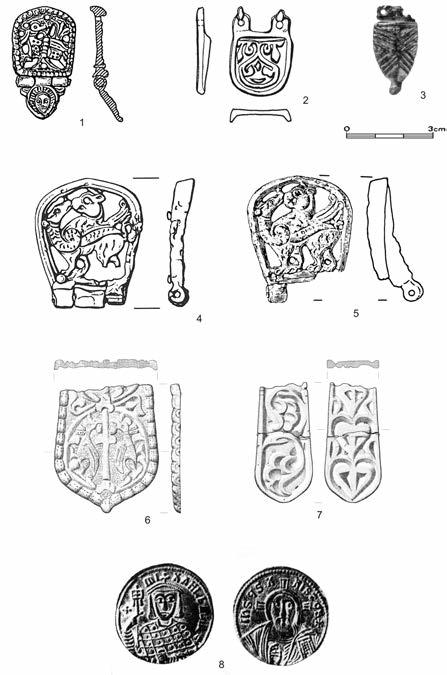 Obr. 5.A. Výběr byzantských, případně Byzancí ovlivněných nálezů z 8. století. Legenda: 1. Kal, okr. Jičín (boj s hadem), 2. Zámostí, okr.