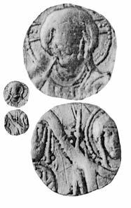 Obr. 12. A. Libice nad Cidlinou, byzantská zlatá mince Jana I. Cimiska. Podle J. Militkého. Hedvábí, sklo, šperky a relikviářové křížky (konec 10. 12. stol.) Ze 12.