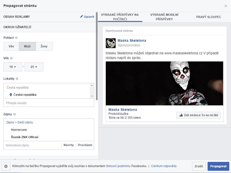 Bohužel některé stránky zadané do políčka Zájmy (interests) facebook nenabízí k výběru. Nepodařilo se mi zjistit, jaké kritérium rozhoduje o tom, které stránky do políčka zadat lze a které ne.