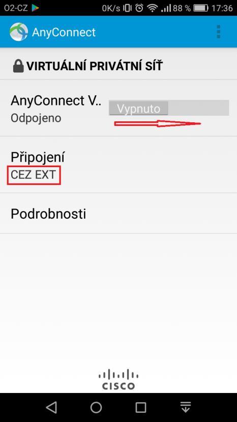 b) pokud jste si konfiguraci CEZ EXT umístili na hlavní stránku aplikace AnyConnect (dle bodu k) a l) v části dokumentu Instalace a nastavení klienta Cisco AnyConnect) přesuňte posuvník doprava a tím