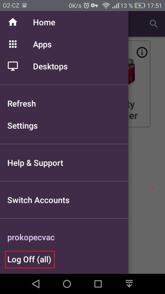 e) pokud jste neprovedli umístění ikony na Home stránku, rozbalte klepnutím na ikonu vlevo nahoře Menu a vyberte v položce Apps nebo Desktops výběr a spuštění požadovaného VD nebo aplikace.