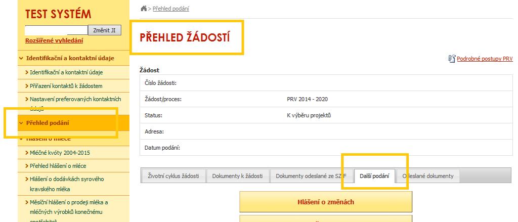 číslo Žádosti o dotaci, ke kterému chce poslat Žádost o platbu, a je přesměrován na detail žádosti. V záložce Další podání na detailu žádosti poté zvolí Žádost o platbu.