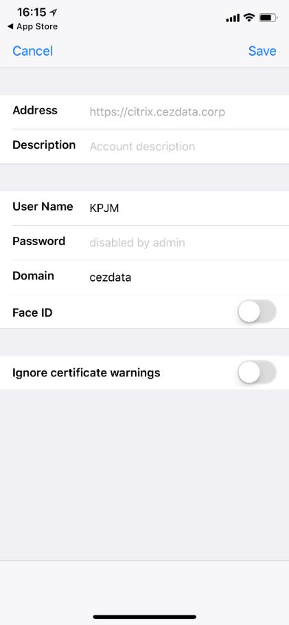 e) potvrďte důvěru (Setup) pro certifikát citrix.cezdata.corp a v dalším okně vyplňte údaje dle obrázku: přihlašovací jméno (KPJM) heslo do domény cezdata.